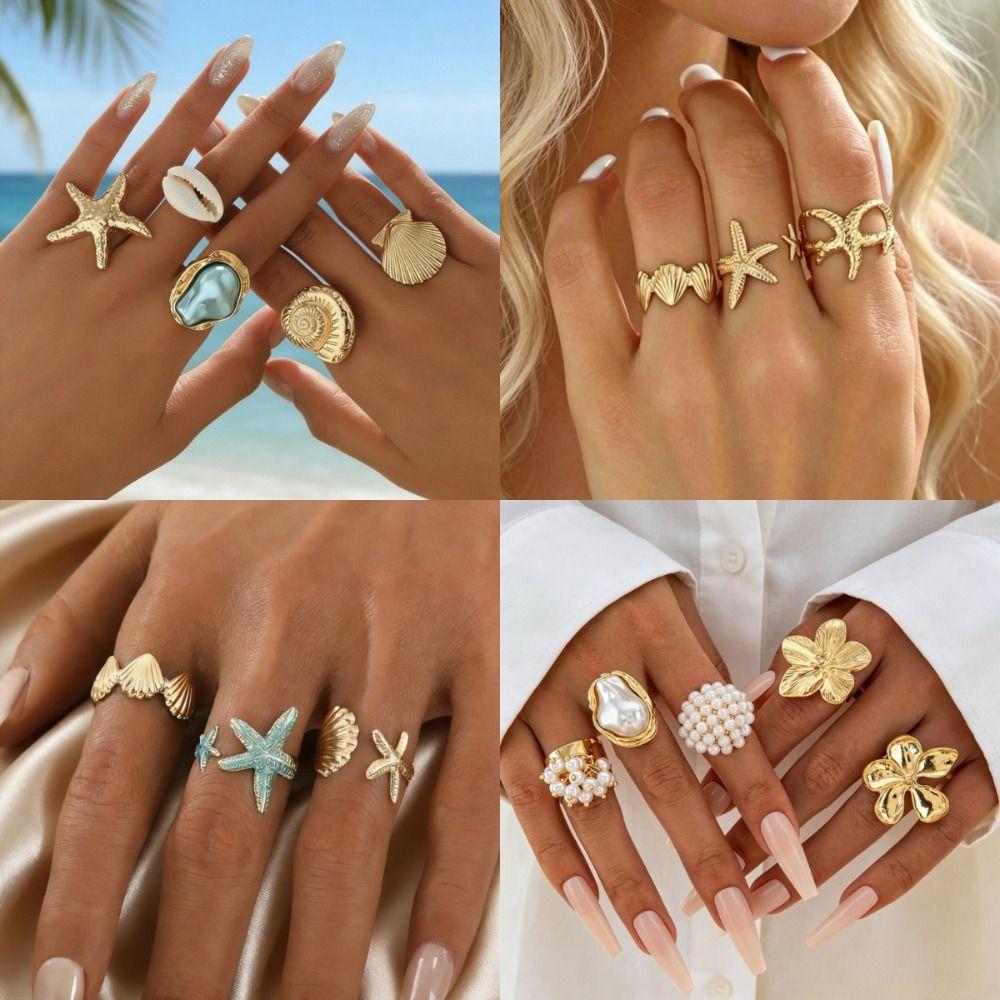 3/5Pcs Gold Color Finger Open Rings Conch Geometric Rings Vintage Starfish Open Ring Set Women
