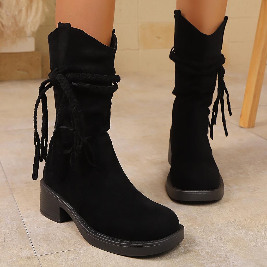 New Tassel Boots Retro Fashion Style Fashion Boots Thick Heel Long Tube Slim Look Stacked Middle Tube Boots