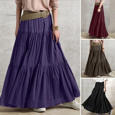 Women Elastic Waist Summer Beach Casual Loose Long Skirts Ruffled Vintage Long Dresses