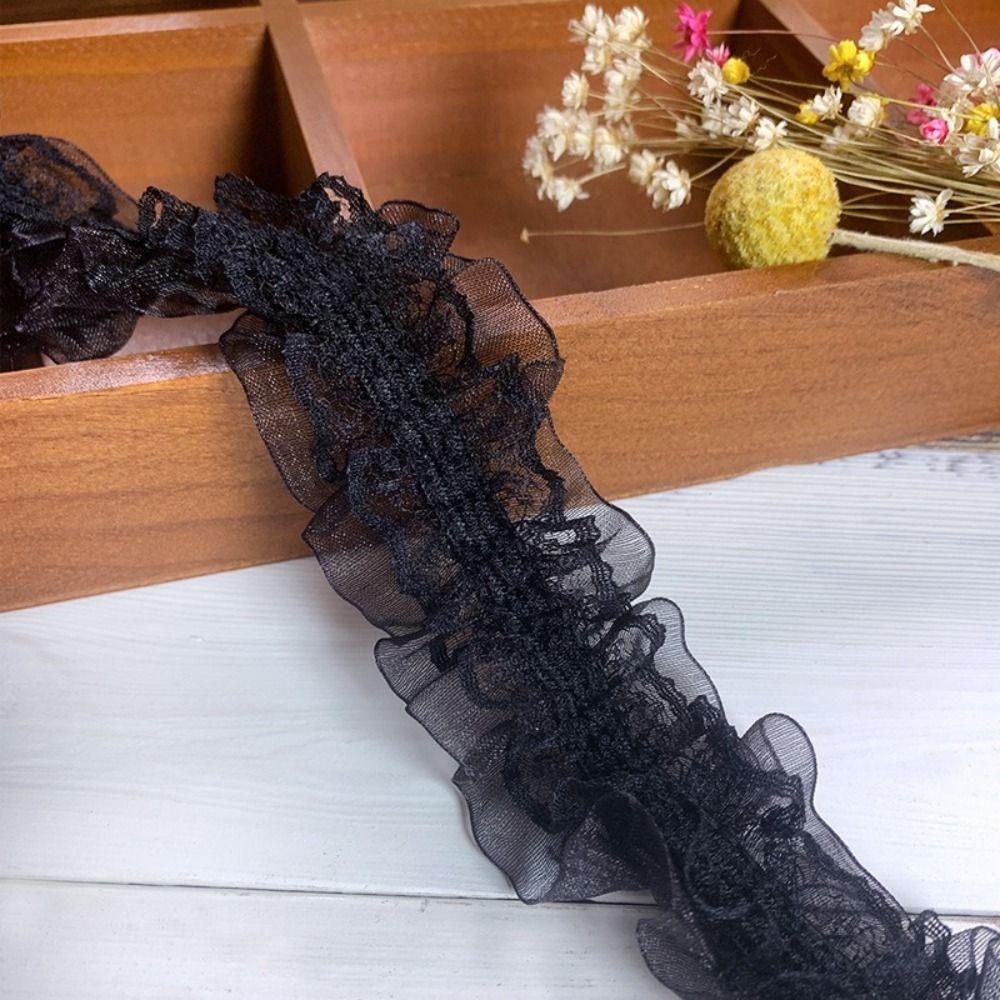 4cm Wide Pleated Lace Trim Double Layers Sewing Lace Trim Fluffy Ruffle Mesh Lace  For Wedding