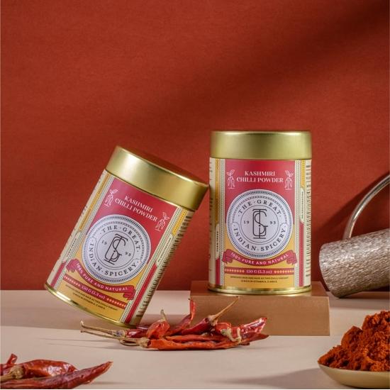 The Great Indian Spicery | Kashmiri Chilli (Kashmiri Laal Mirch) | Powder 100gm Tin – Farm Fresh, Non-Adulterated, No Added Color or Preservatives