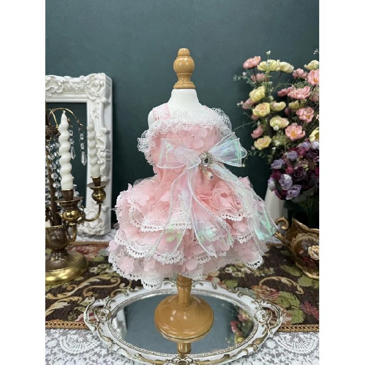Luxury Handmade Pink Lolita Princess Dresses For Small Medium Dog Poodle Chihuahua Fashion Cute Crystal Bow Skirts Pet Clothes