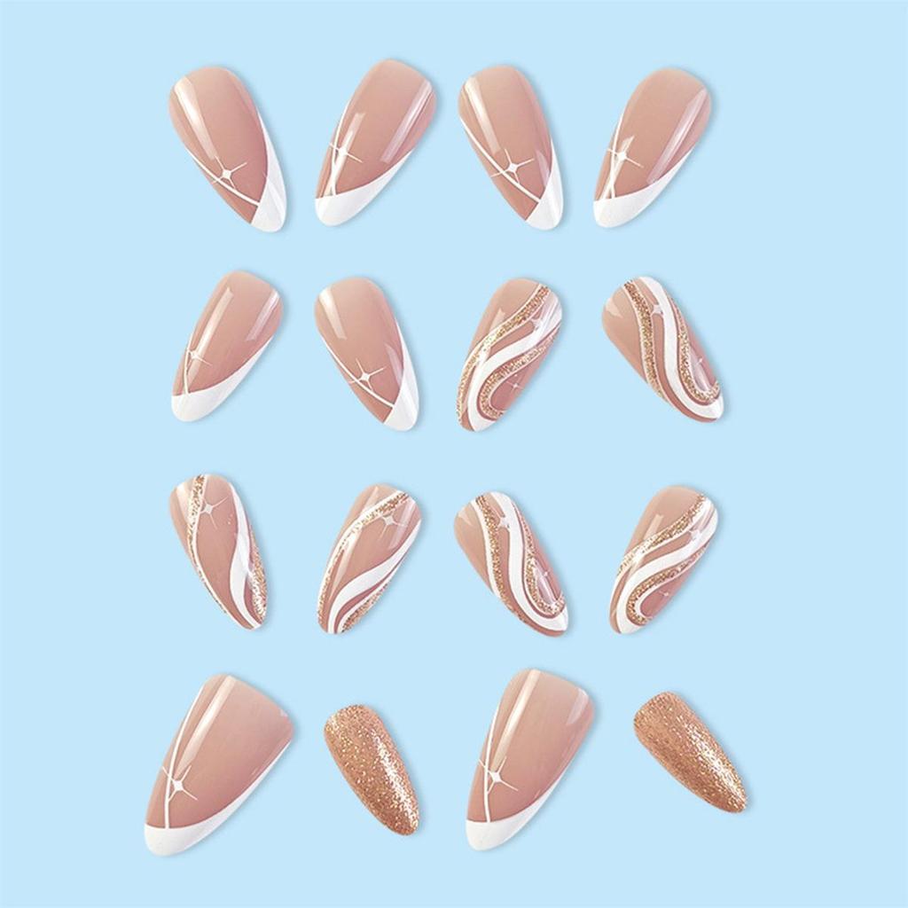 French Glitter Feather Almond-Shaped Nail Art Patches - European and American Simple Sweet Style.