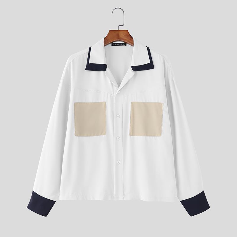 

INCERUN Plus Size Men Casual Lapel Neck Long Sleeve Patchwork Buttons Shirts Tops S