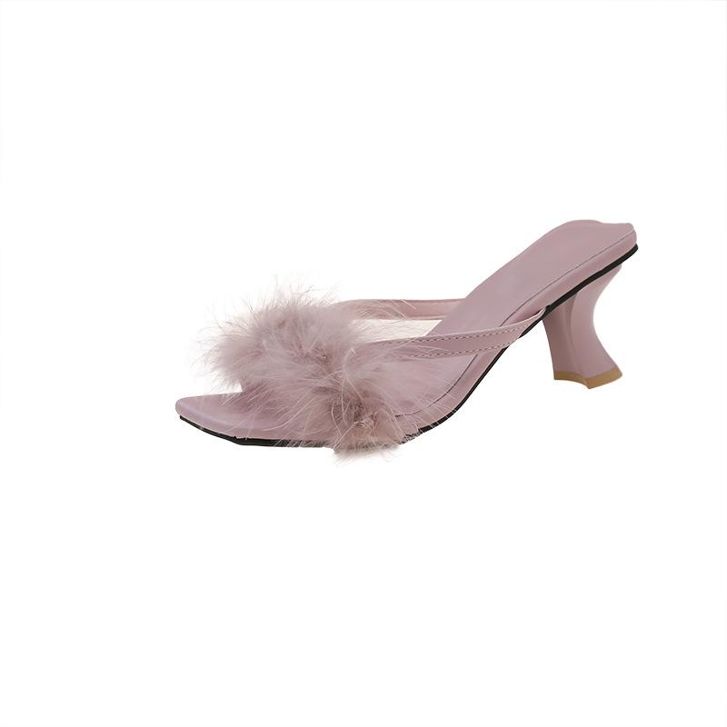 Fairy wind fluffy cool slippers female summer wear 2025 new thin heel square head gentle sexy high heels with skirt