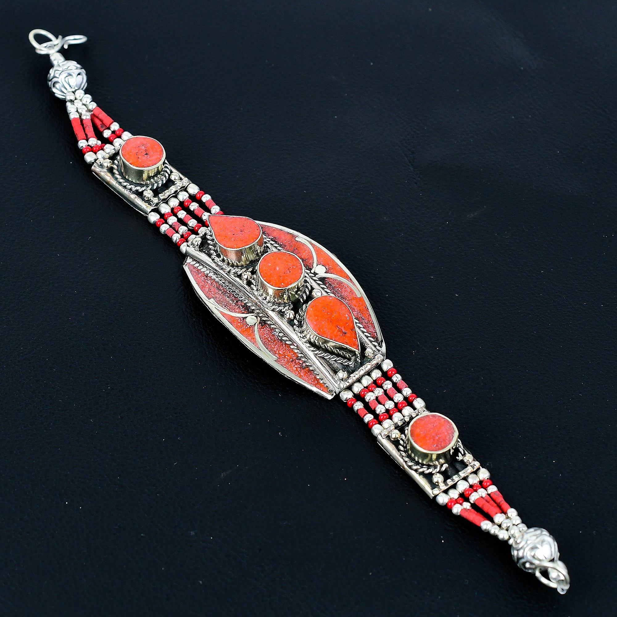 

Браслет из красного коралла, браслет из тибетского серебра, украшения ручной работы, этнический племенной непальский браслет, непальские украшения, эффектный браслет, подарок для мамы 8 красный