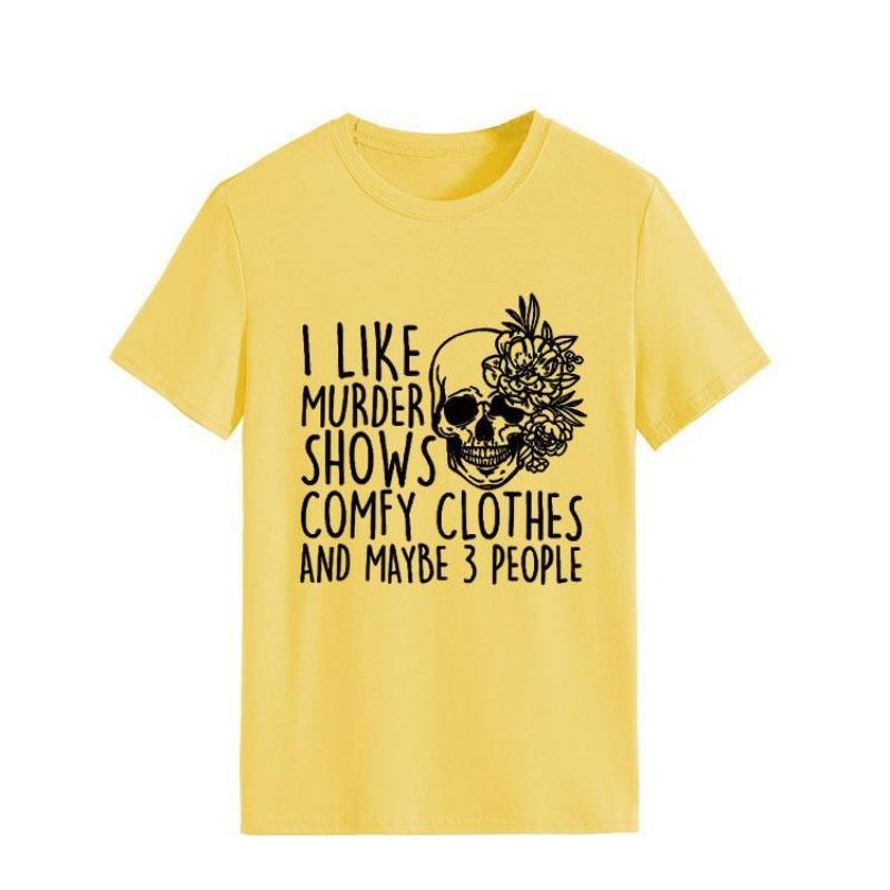 Hooded Simple Round Neck Top T-shirt I LIKE MURDER Printed Loose Round Neck Pure Cotton Short Sleeved Shirt T-Shirts Women’s