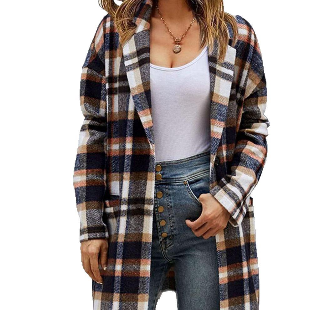 Autumn European & American Plaid Lapel Women's Casual Blazer