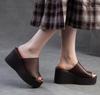 Fashion 8.5cm Ethnic Cow Genuine Leather Peep Toe Women Flats Leisure Slip on Platform Wedge Flats Slippers Summer Comfy Shoes
