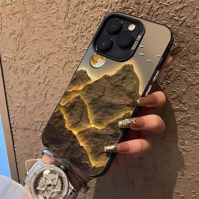 Lucky Golden Mountain Electroplate Silver IMD Case for IPhone 16 15 14 13 12 11 Pro Max XS XR X SE 2 3 7 8 Plus Matte Hard Cover