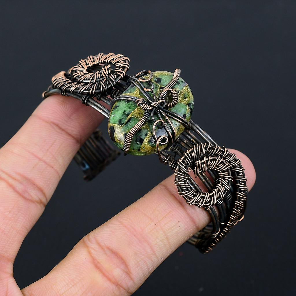 Copper Ruby Zoisite Lab-Created Handmade Copper Wire Wrap Bangle Adjustable R8v47