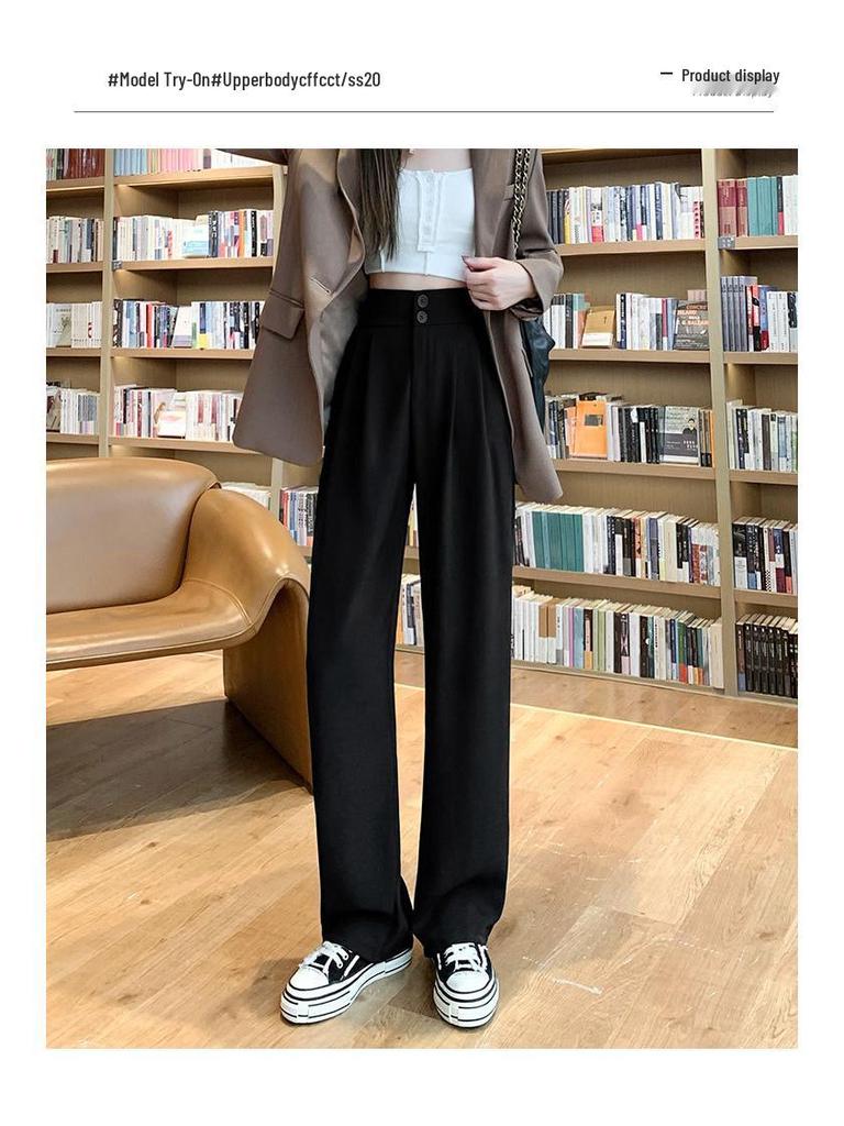 Women's High Waist Black Suit Pants - 2025 Summer Collection, Petite Wide Leg, Draped Straight Trousers