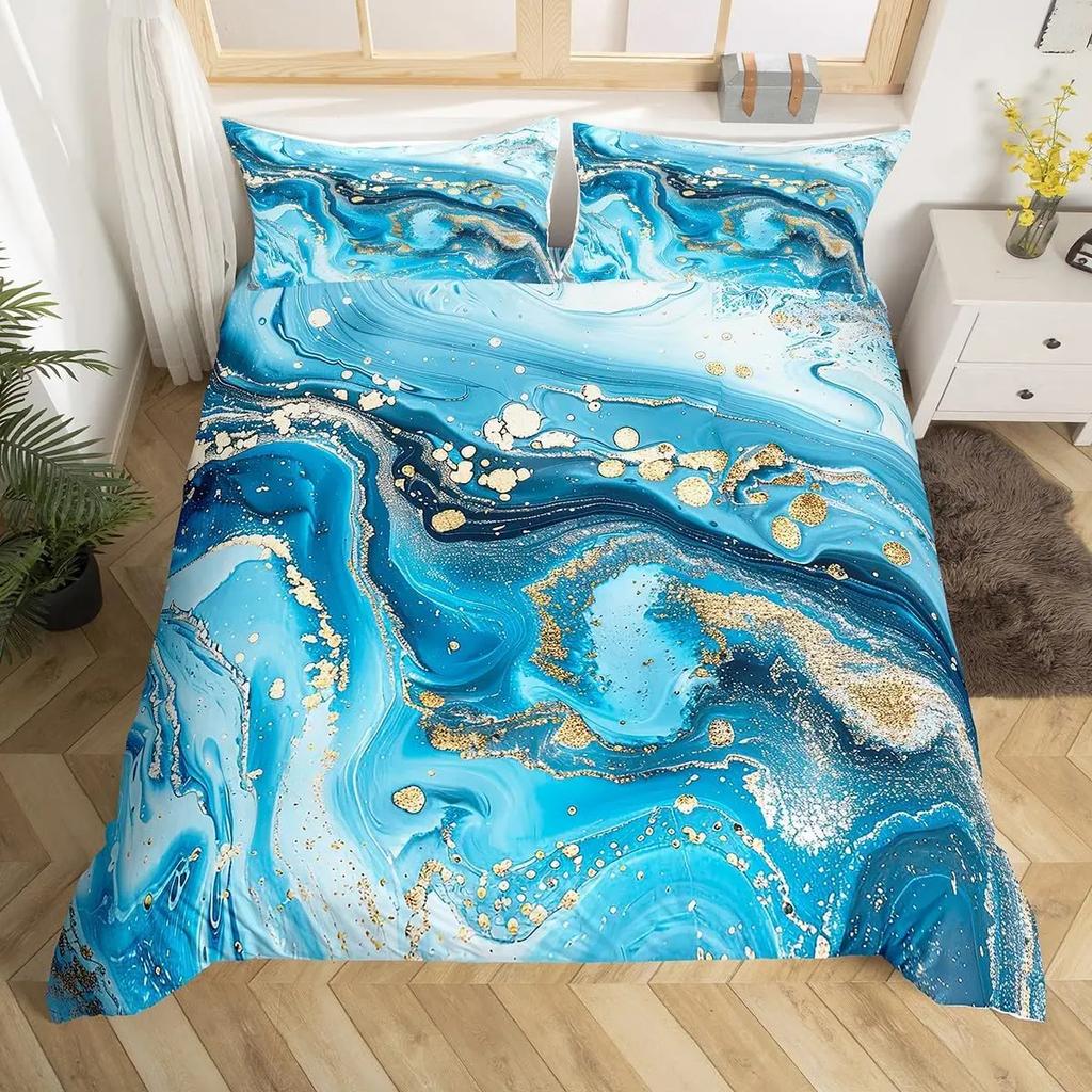Blue Marble Duvet Cover, Geometric Comforter Cover Twin Queen Size Golden Stone Pattern Bedding Set Abstract Trippy Quilt Cover