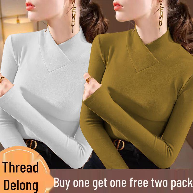 Double-sided Threaded Semi-high Neck Slim-fit Warm Base Layer Top for Women - Autumn/Winter Long-sleeve T-shirt