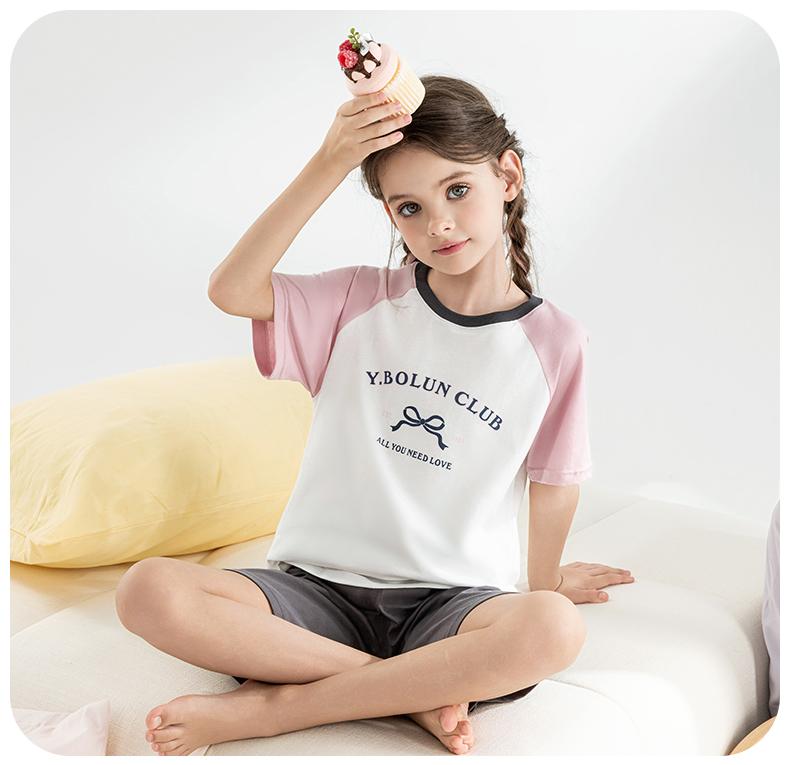 Yingbolun Summer Girls' Cotton Short Sleeved Shorts Set Girls' Home Clothes Girls' Big Girls' Pajamas