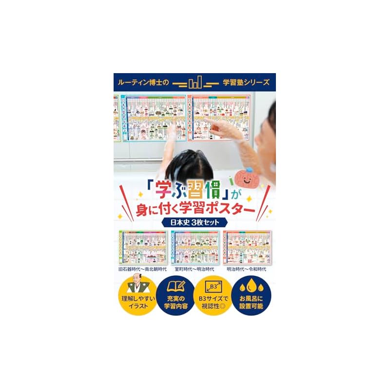Dr. Routine's Tutoring School Bath Poster Set: Japanese History, 3-piece set, B3 size, R-1, Timeline, Mnemonics, History, Elementary School Students,