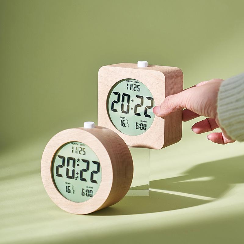 Nordic style solid wood alarm clock simple wood clock multifunction LCD electronic clock handmade clock 2106
