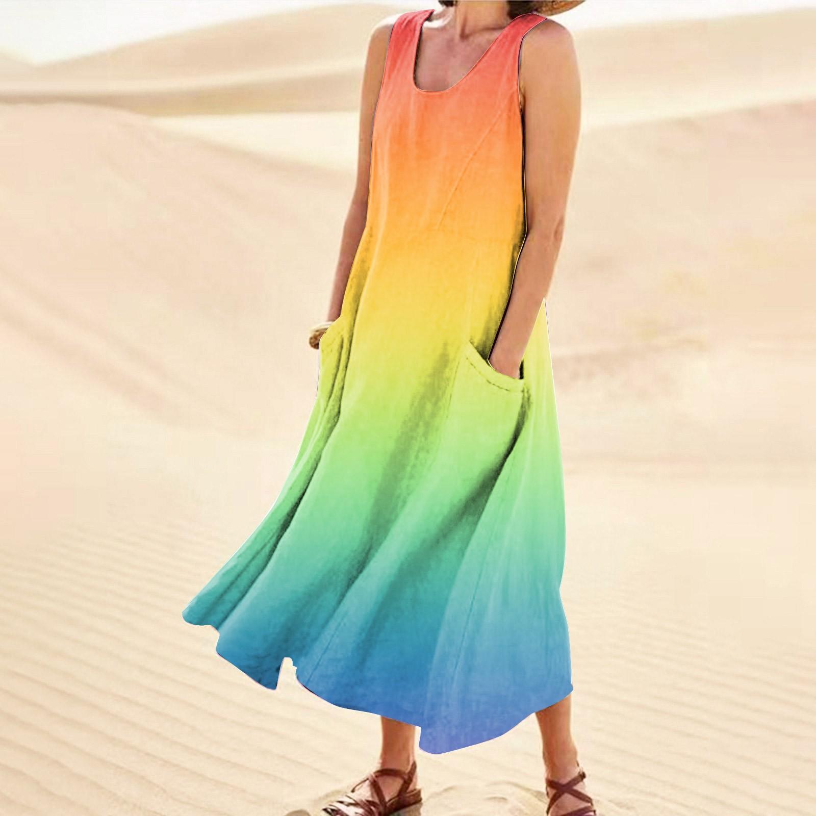 Женское повседневное удобное хлопковое карманное платье без рукавов с градиентным принтом — фото 9