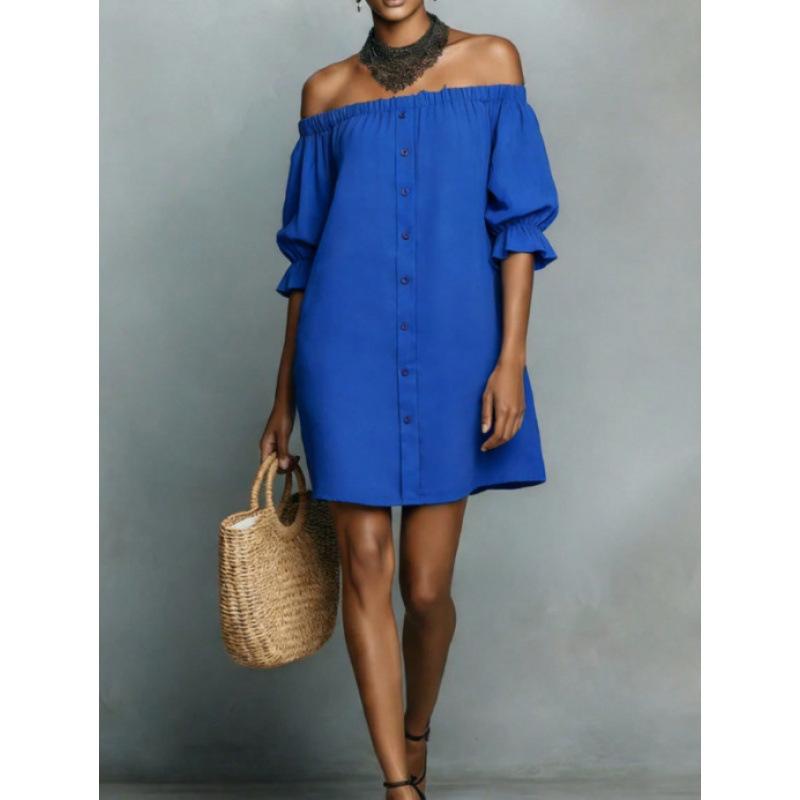 

European and American new one-word shoulder elegant off-the-shoulder lotus leaf short-sleeved shirt women s solid color comfortable short dress S синий