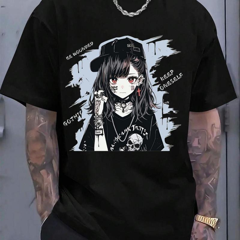 

Летний бестселлер Черная футболка свободного кроя с коротким рукавом из 100% чистого хлопка с готическим принтом в аниме-стиле BE NONHARM & GOTH YROTH 4XL