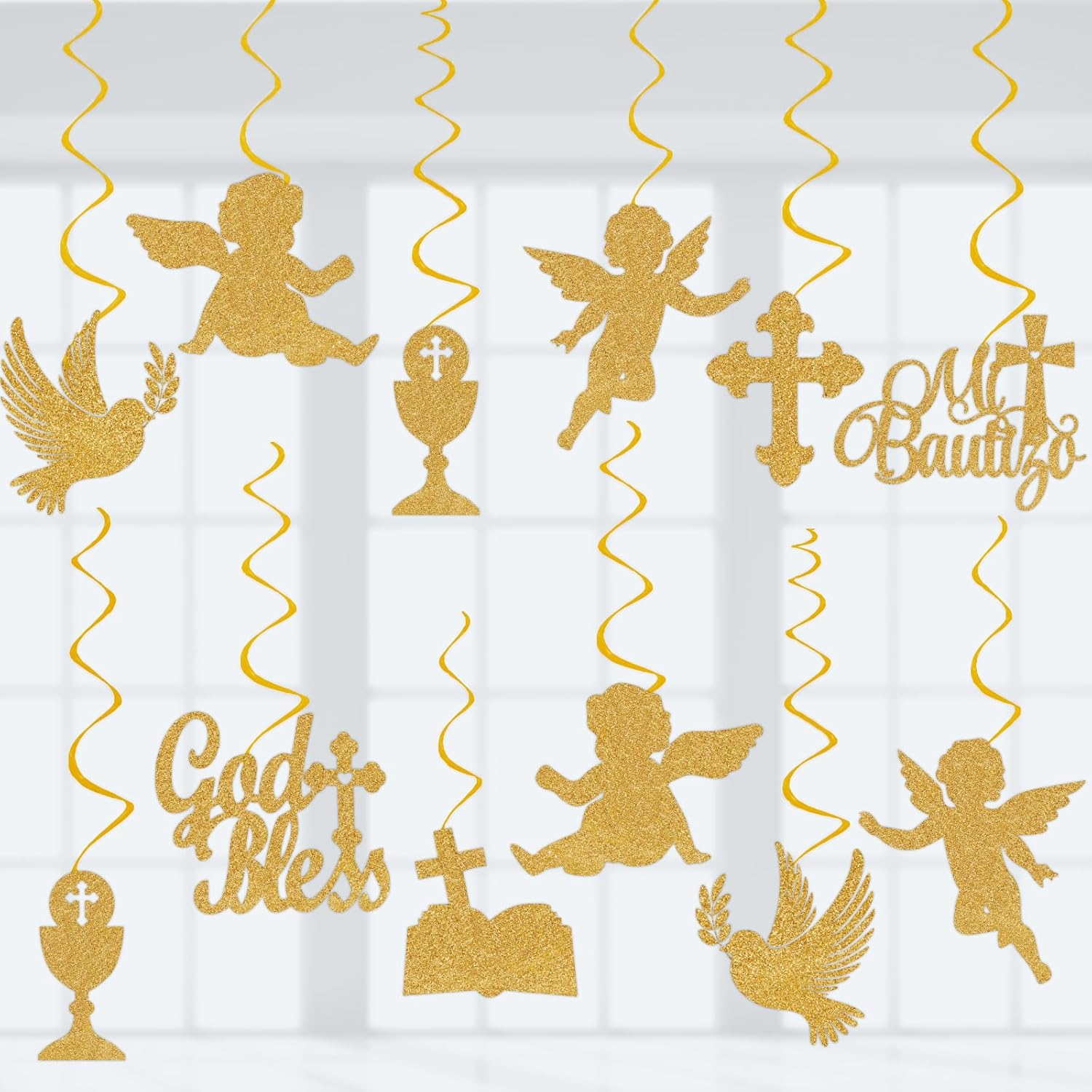 Mi Bautizo Party Decoration Baptism Decorations 24pcs Hanging Swirls Decoration God Bless Angel Gold Party Ceiling Decor Banner Supplies Baby Shower