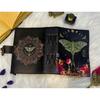 Luna Moon Moth Leather Journal – Handmade Vintage Diary with Botanical & Mushroom Art, Antique Lock, Yellow Deckle Pages