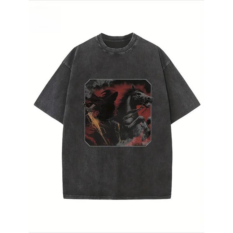 European Size Washed, Warrior Riding Printed T-Shirt, High-Quality Wax Printed Cotton Retro Fashion Brand T-Shirt, Suitable for Summer T-Shirt