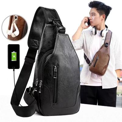 Simple and Fashionable Casual Solid Color PU Multifunctional USB Charging Zipper Man's Chest Bag Crossbody Bag for Commuting