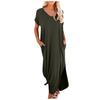 Casual Women's Loose Swing Long Dress V-neck Short-sleeve Solid Color Side Slit Summer Fashion