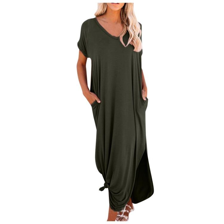 Casual Women's Loose Swing Long Dress V-neck Short-sleeve Solid Color Side Slit Summer Fashion