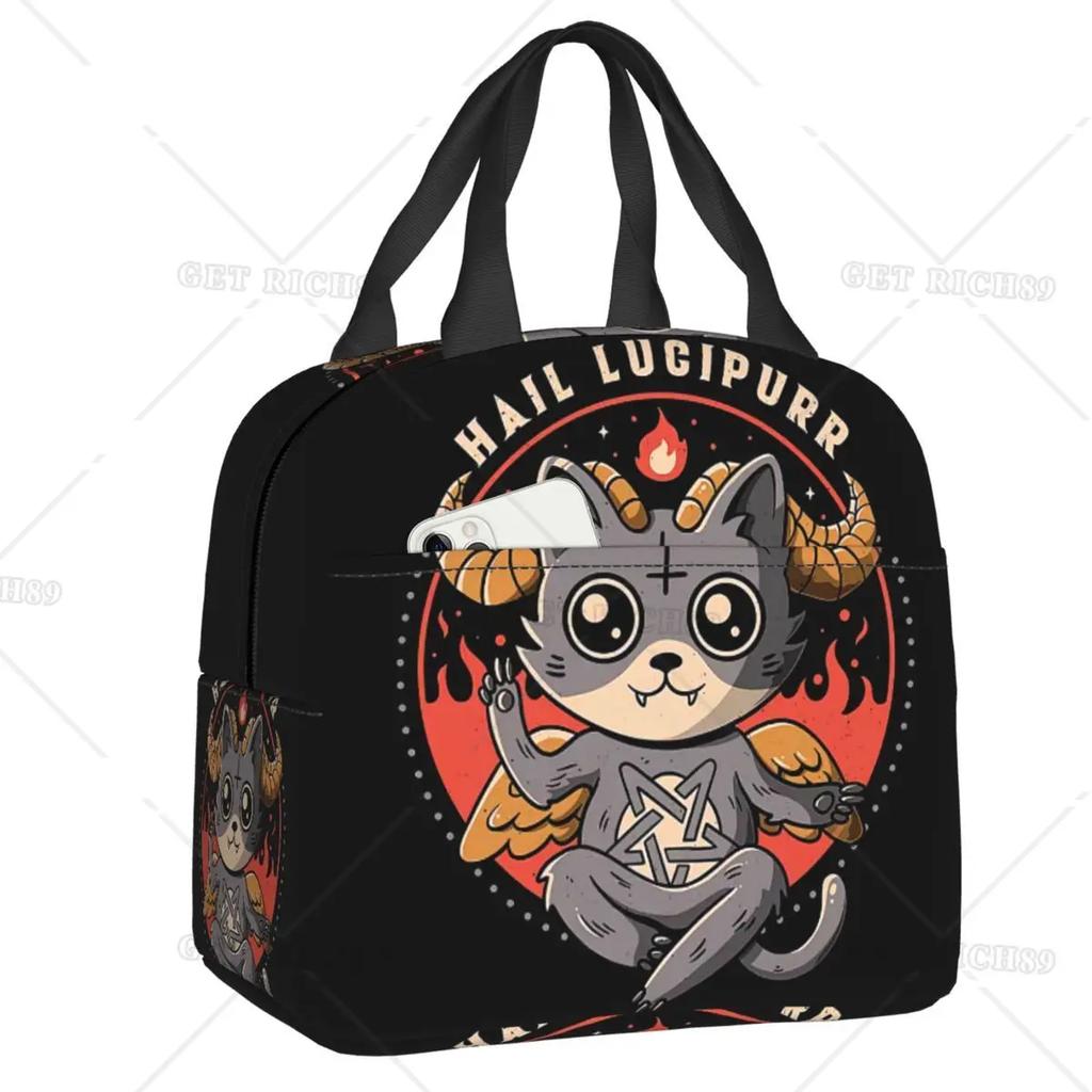 Satanic  Cat Insulated Lunch Bag Waterproof Thermal Cooler Lunch Box with Side Pocket for Women Men Kids Camping Travel