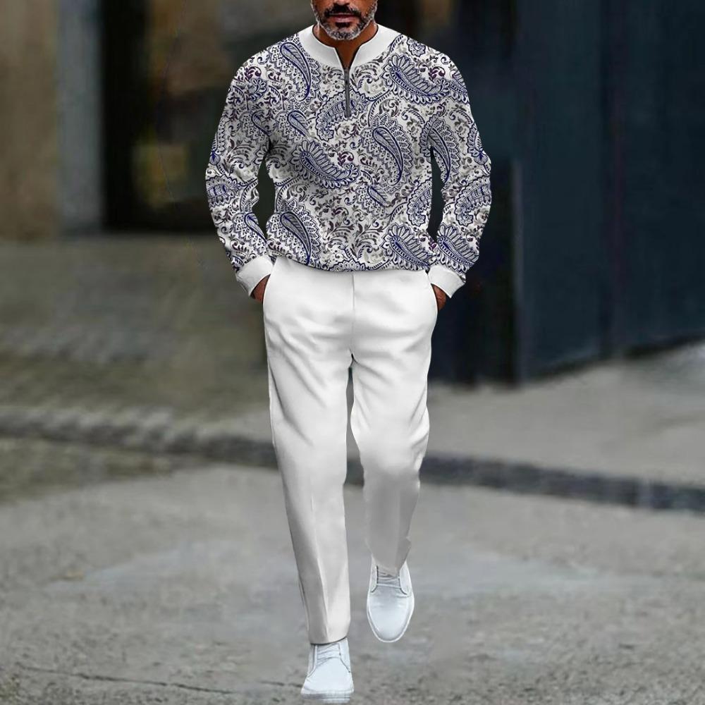 Spring Autumn 3D Printed Fashion Men's Long-Sleeved Sets Half-Zipper Stand-Up Collar Men's Casual Sportswear Two-Piece set