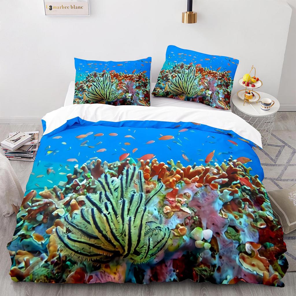 Underwater World King Queen Duvet Cover Cartoon Ocean Animal Bedding Set For Kids Fish Coral Sea Life Soft Polyester Quilt Cover