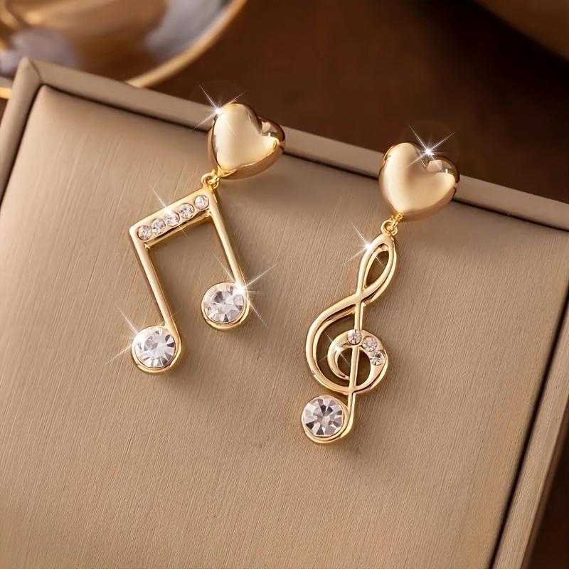 Coppia di Orecchini Pendenti Moda Tendenza Oro Asimmetrici Inlaid di Strass a Forma di Cuore Nota Musicale