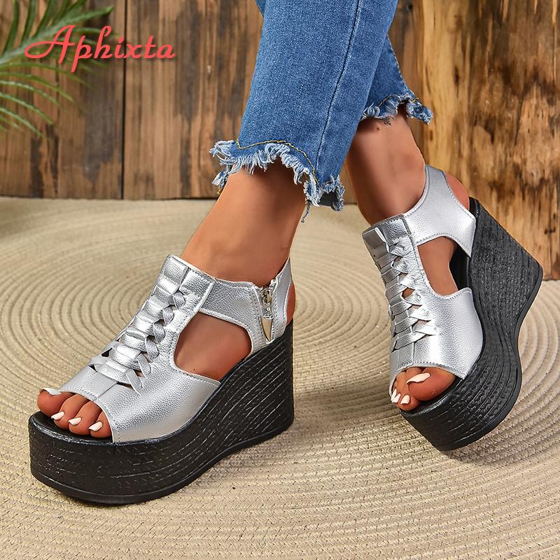 

Fashion Aphixta Silver Peep Toe Wedge Heel Sandals Zipper Design Platform Sandals Women Casual Mesh Upper Breathable Shoes Plus Size 43 35 серебряный