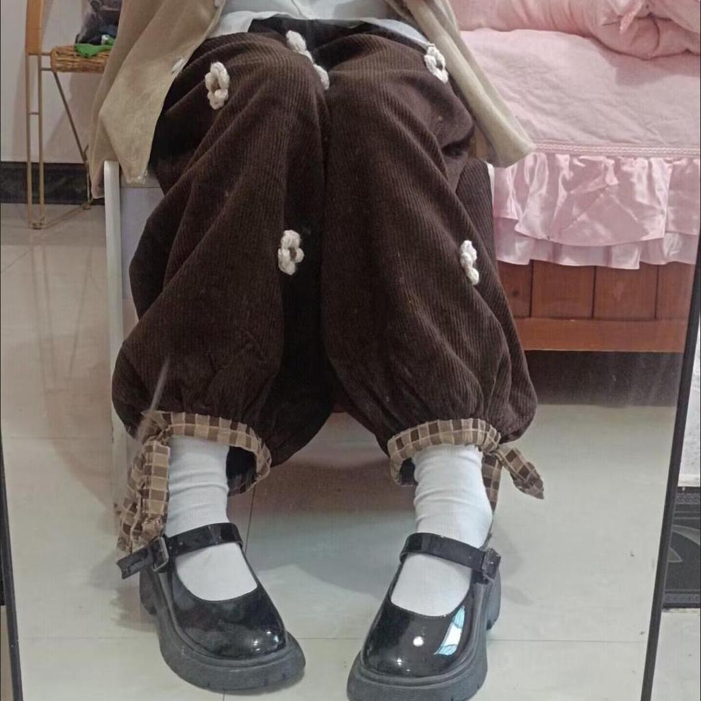 Japoński słodki kwiat sztruks szerokie nogawki spodnie na co dzień kobiety w stylu Vintage śliczne luźne spodnie dziewczyny Harajuku spodnie dresowe Kawaii Bloomers
