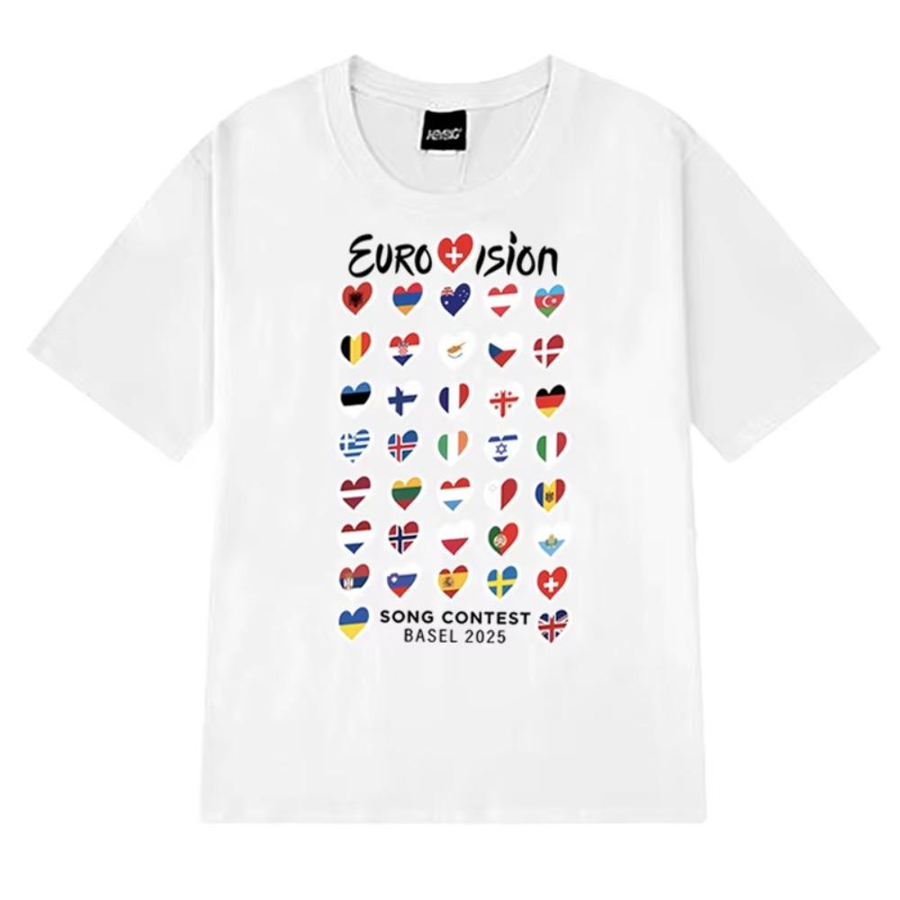 Summer Fashion Eurovision Song 2025 Flags printed T Shirt New Unisex Oversized short sleeve T-shirts Unisex 100%  clothing