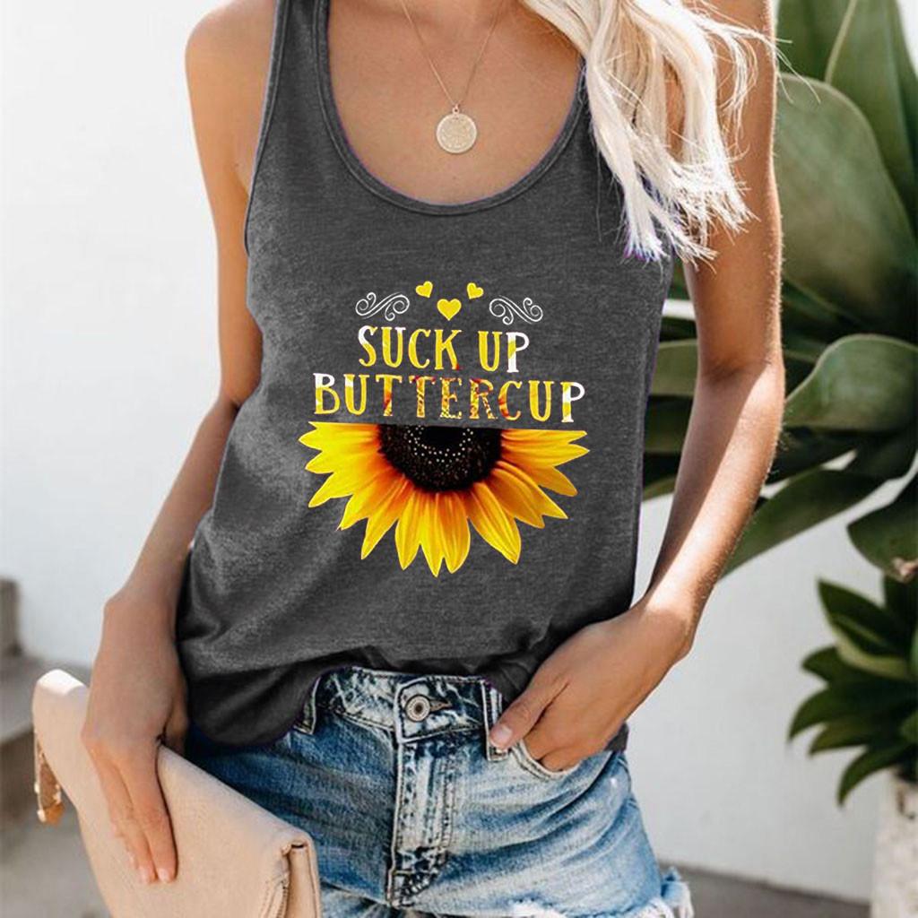 Women Plus Size Summer Sunflower Print Round Neck Sleeveless T-shirt Top Tank