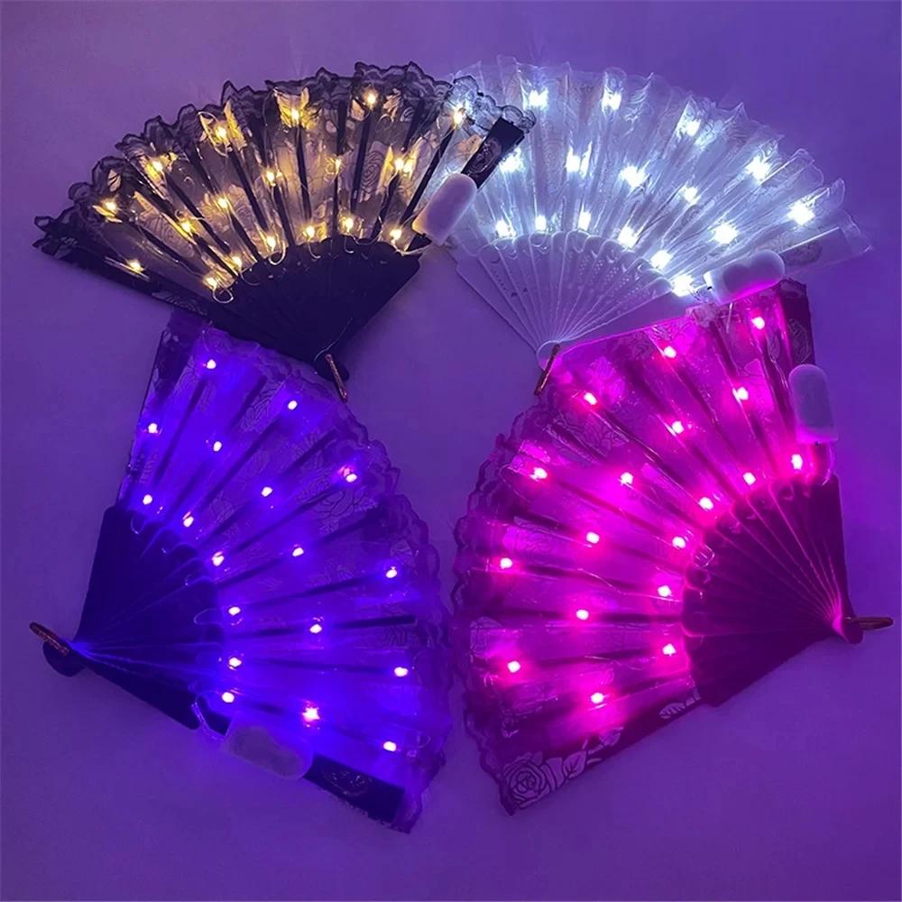 Glowing Lace Rose Fan Light Up Glow In The Dark Night Party Luminous LED Fan For Girls Ladies Women Dancing Music Performance