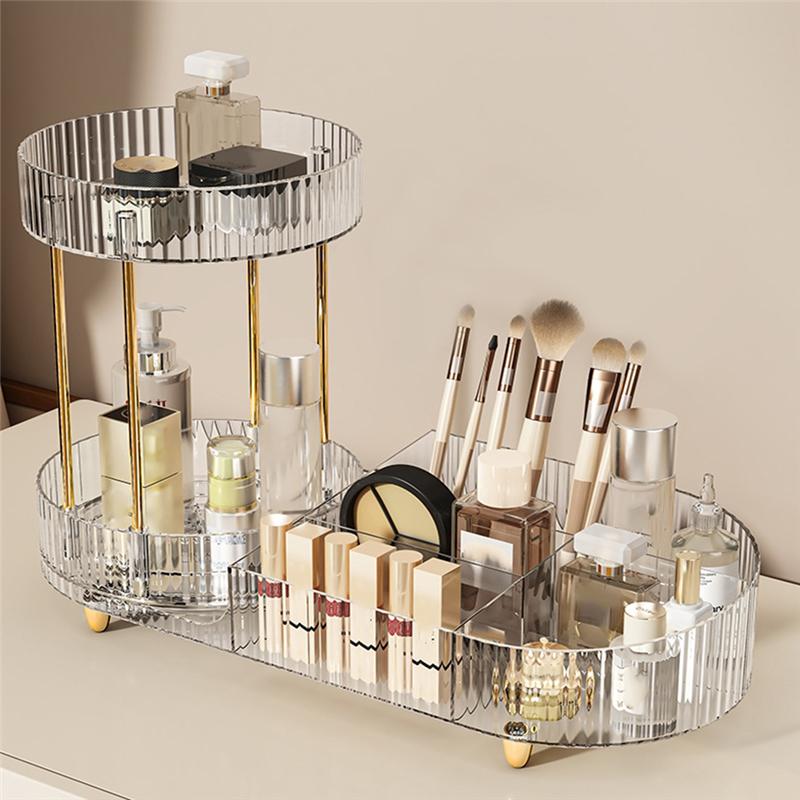 Rotating Makeup Organizer For Vanity, 2 Tier Perfume Cosmetic Skincare Organizers With Makeup Brush Holder