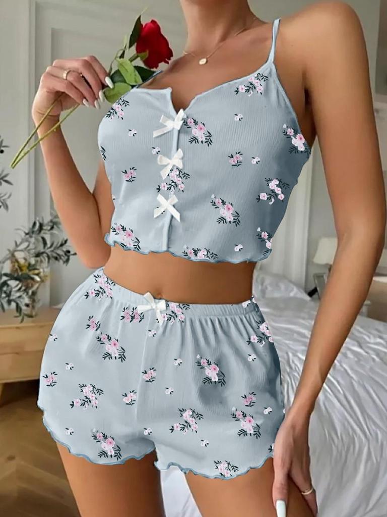 European Floral Bow Design Strappy Shorts Pajama Set