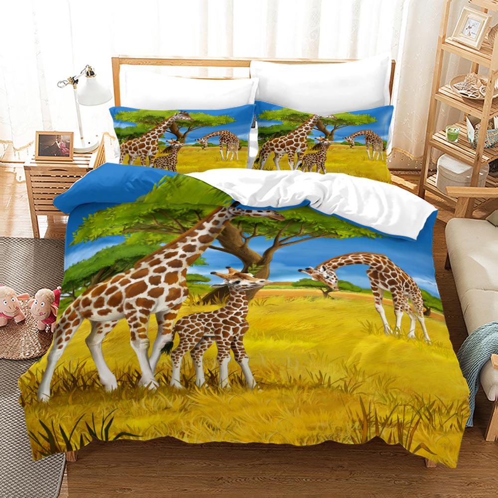 Deer Duvet Cover Set King Polyester Bedding Set For Kid Children Gift Bedding Set 3D Animal Giraffe Purple Theme Comforter Cover