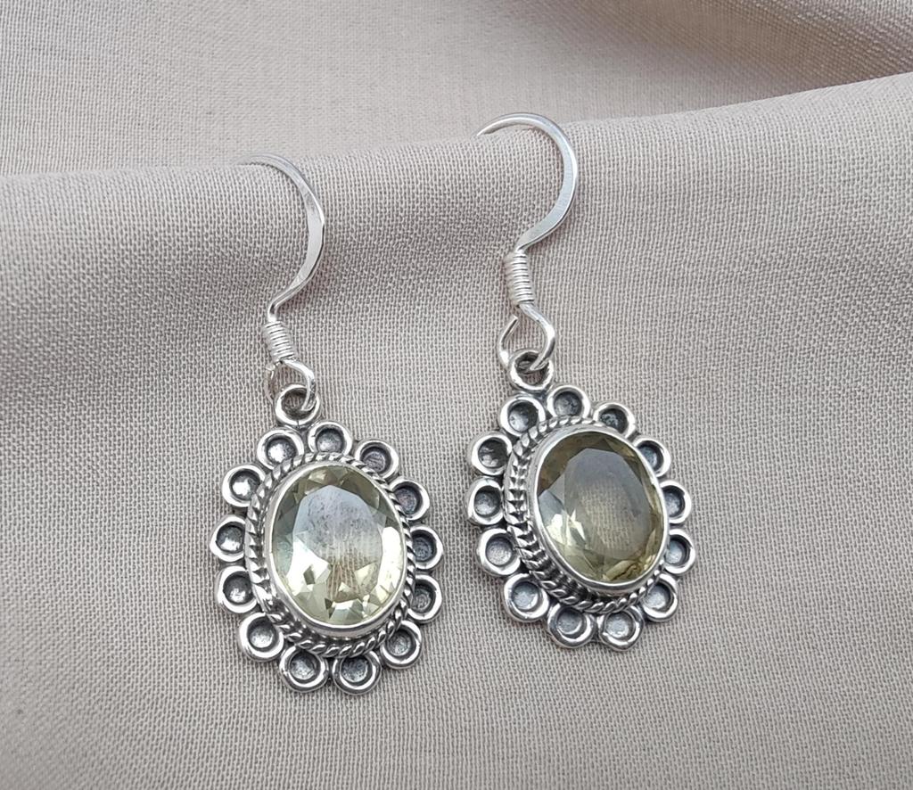Lemon Quartz Sterling Silver Dangle Earrings: Floral Boho Jewelry