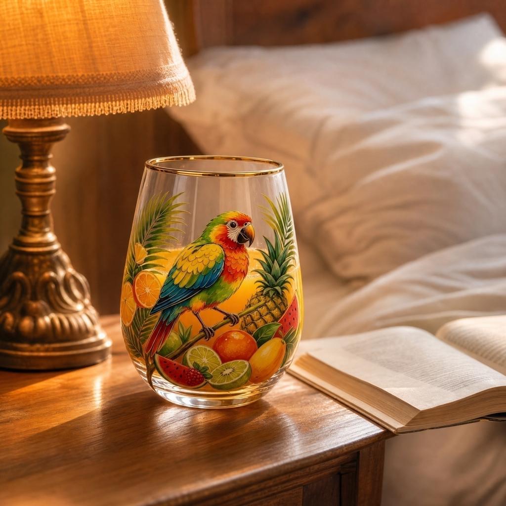 Glass Juice Cup with Tropical Fruit and Parrot Print Stemless Drinking Glass Suitable for Home Use Durable and Decorative Beverage Container