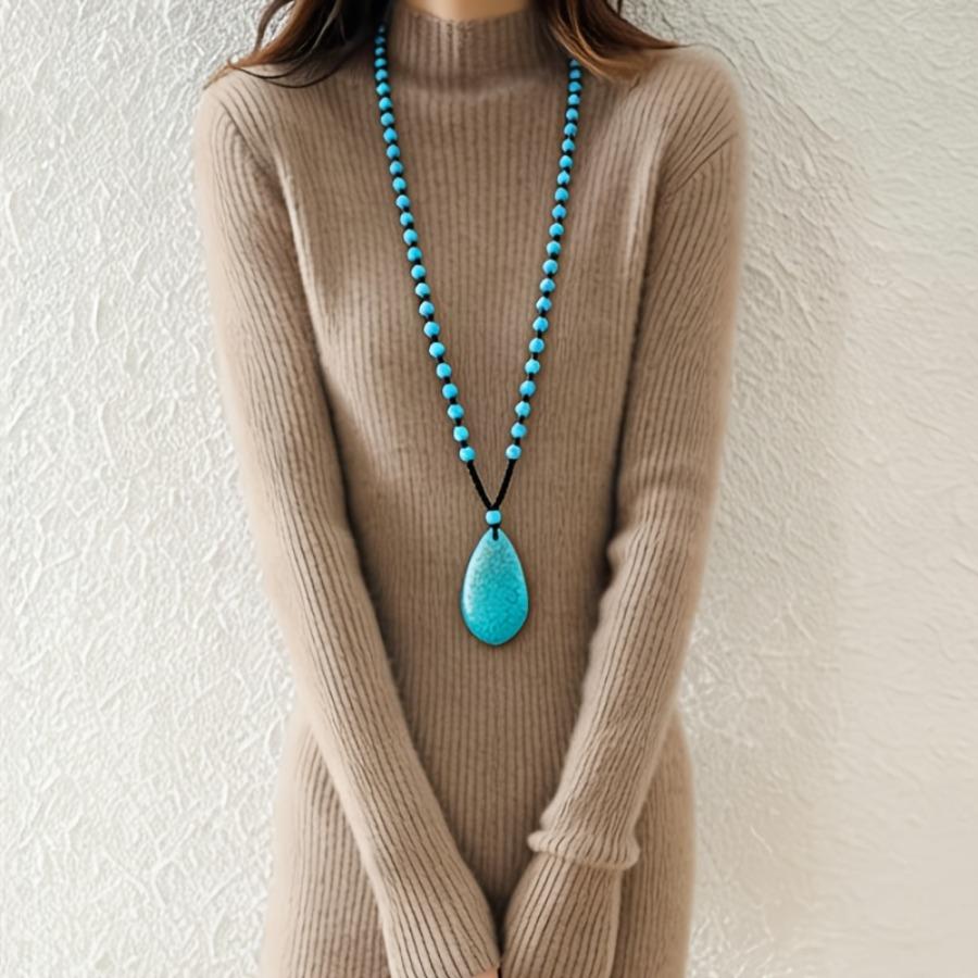 A Long Necklace Resembling Blue Turquoise with a Vintage Teardrop Pendant, Elegant And Stylish in a Bohemian Style, Perfect for Sweaters