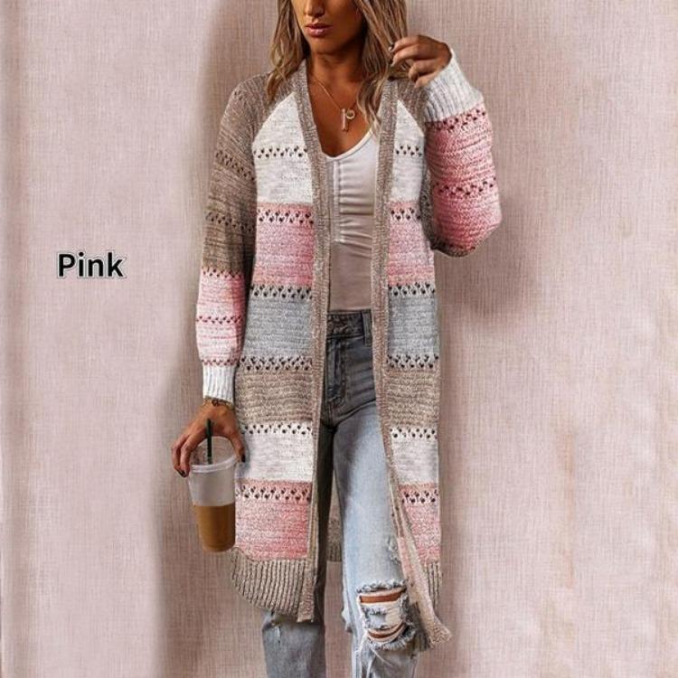 Stylish Women Long Sleeve Striped Patchwork Cardigan Comfy Casual Sweater Female Autumn Long Cardigan