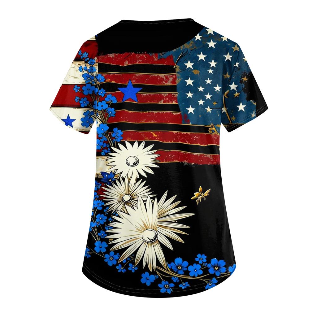 Women's Short-Sleeve Independence Day Print V-Neck Pocket Workwear Top