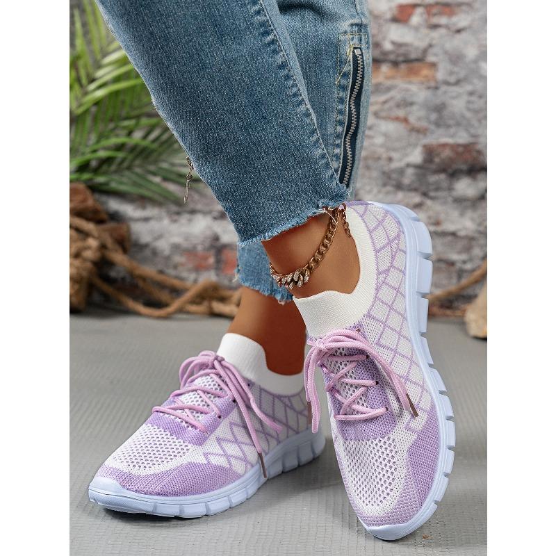 Women's Breathable Knit Lace-Up Casual Sports Shoes, Thick-Soled Trendy Footwear, Available In Large Sizes.