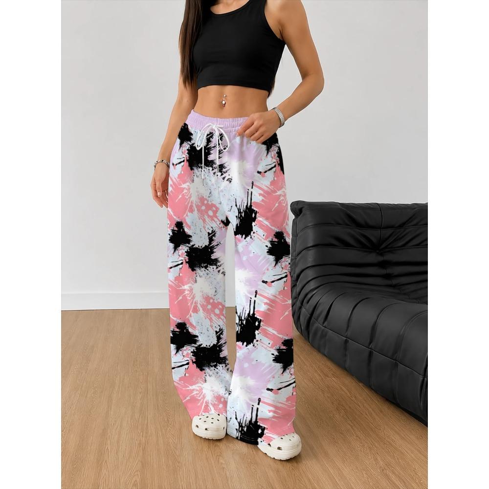 Women's High Waist Drawstring Pink Purple White Colour Black Ink Dot Splash Printing Wide Leg Sweatpants