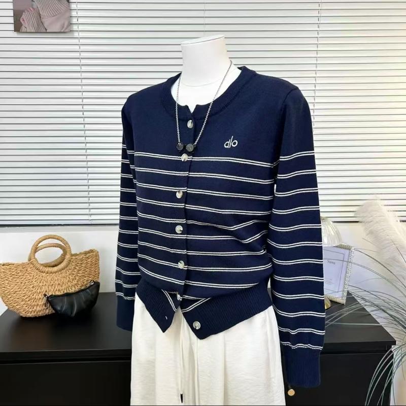 Autumn Round-neck Long-sleeved Striped Letter-embroidered Thin Knitted Cardigan for Women